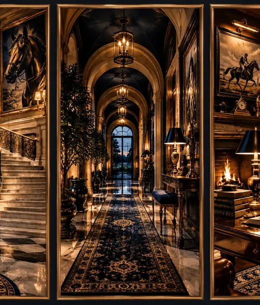Night-toned elegant interiors grouped as a curated triptych.
