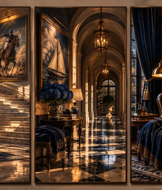 Amber-toned elegant interior vignettes in a triptych.