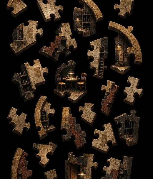 Detached rooms and stone pieces suggest possible connection.