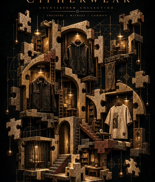 Stone-and-gold architectural puzzle surrounds three clothing silhouettes.