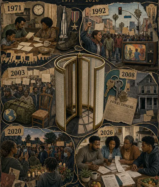 Historical fragments surround a symbolic revolving account mechanism.