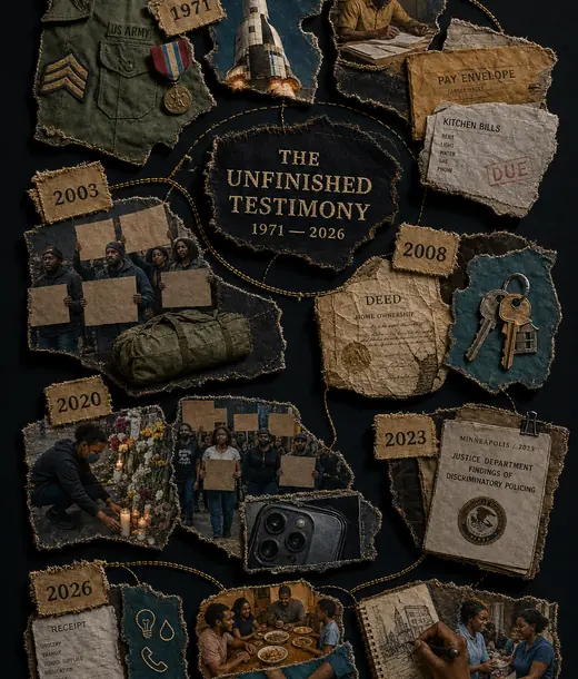 Public records, protest scenes and household fragments are linked by golden thread.