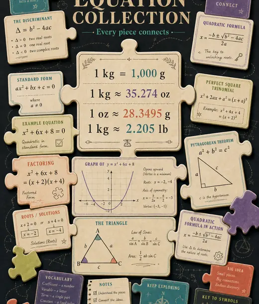 Puzzle-shaped algebra and number reference artwork.