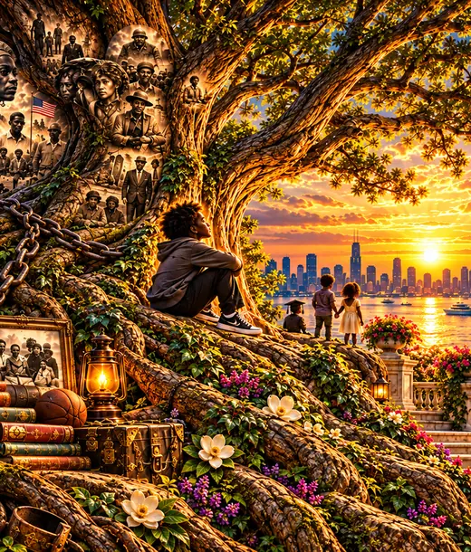 An old tree carries inherited objects beside a radiant city horizon.