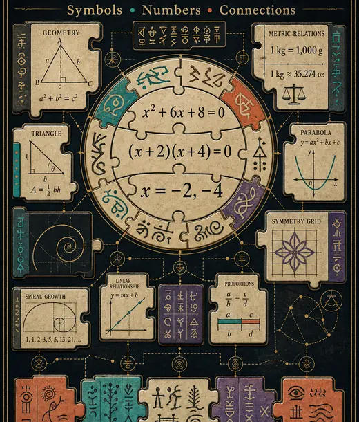 A grid of intricate puzzle pieces combines decorative symbols and equations.