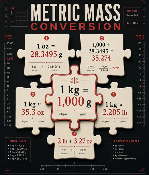 Black-and-red poster shows mass unit conversions as interlocking pieces.
