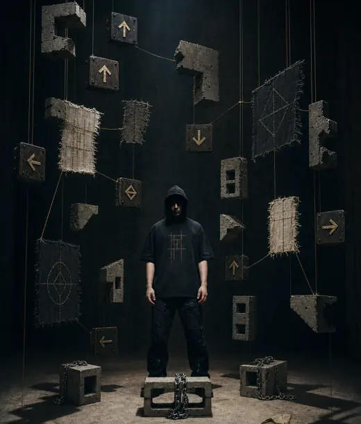A dark-clothed figure stands among suspended objects and contradictory directions.