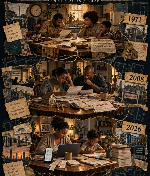 Three eras and three families shown through weathered table fragments.