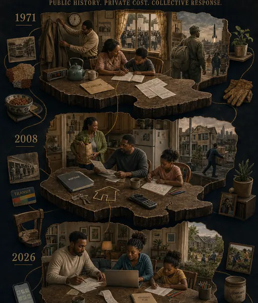 Three Black families in different eras sit at kitchen tables with household decisions.