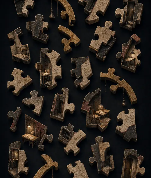 Weathered components surround lit interiors and suspended fragments.