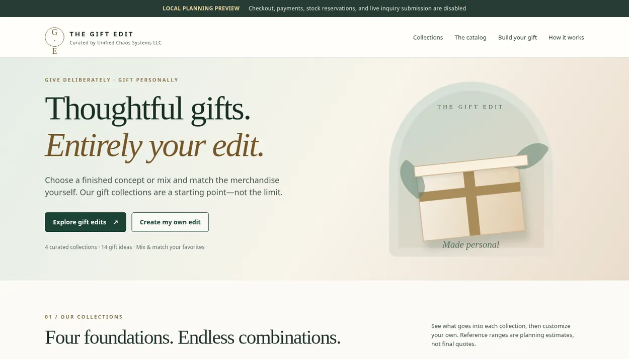 Screenshot of the existing The Gift Edit planning preview, including the headline Thoughtful gifts, Entirely your edit.